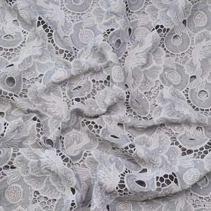 Luxury Pearl White Sequin & Bead Embroidered Cutwork Fabric