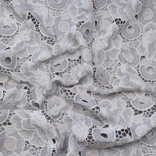 Luxury Pearl White Sequin & Bead Embroidered Cutwork Fabric