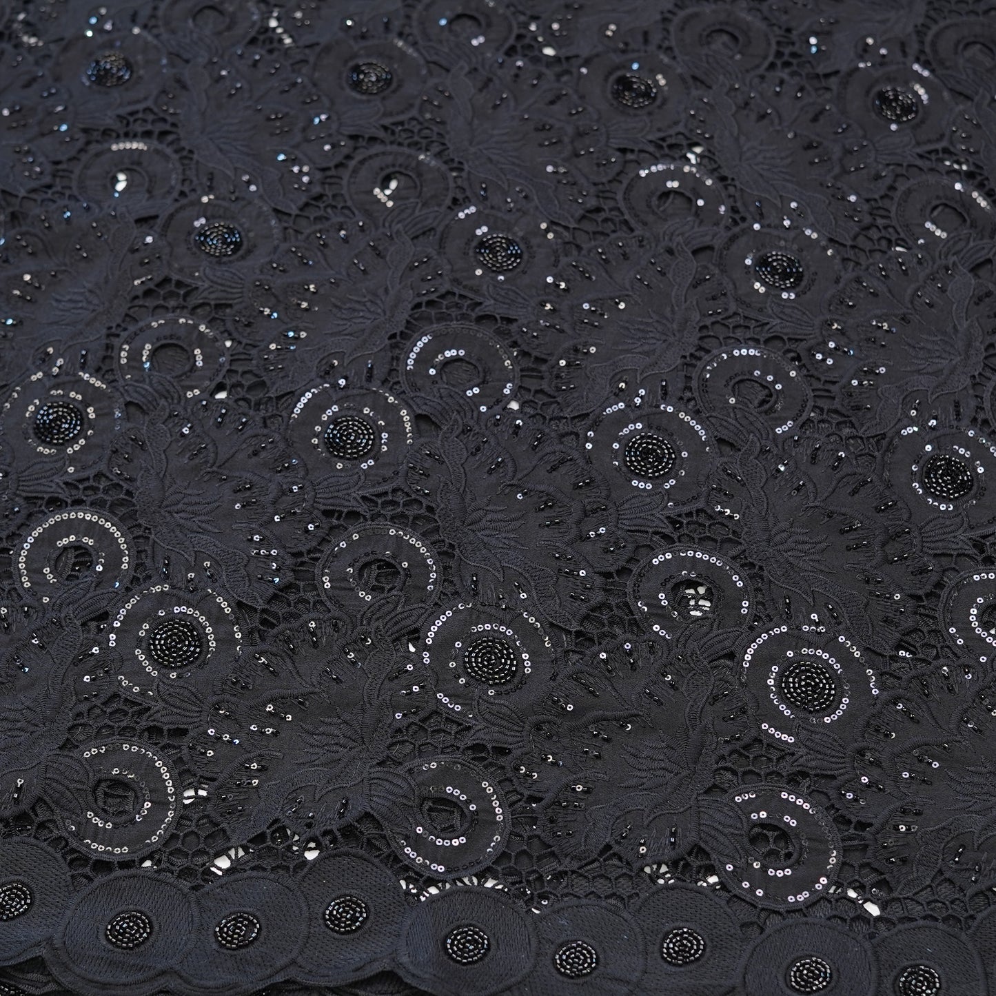 Luxury Black Sequin & Bead Embroidered Cutwork Fabric