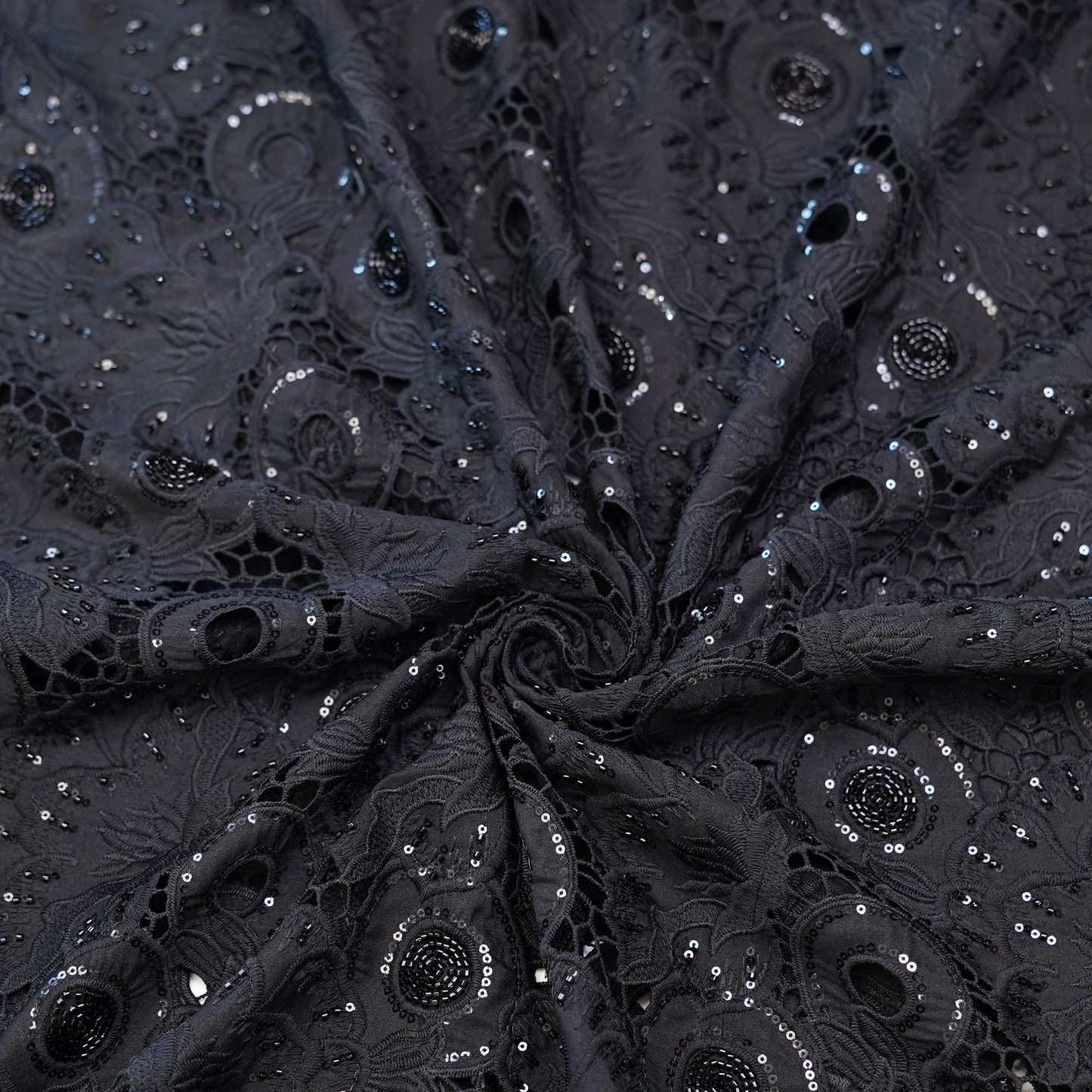 Luxury Black Sequin & Bead Embroidered Cutwork Fabric