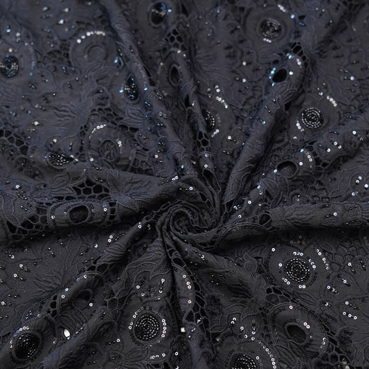 Luxury Black Sequin & Bead Embroidered Cutwork Fabric