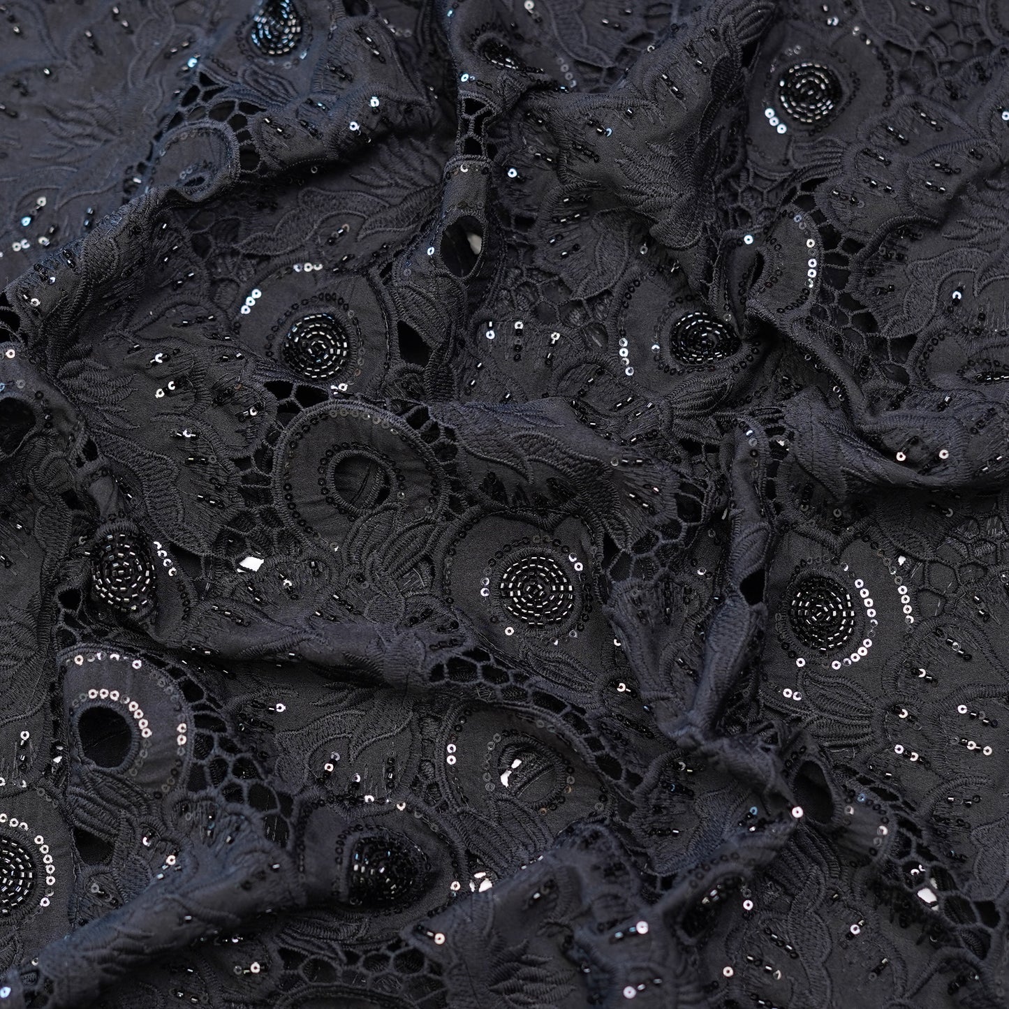 Luxury Black Sequin & Bead Embroidered Cutwork Fabric