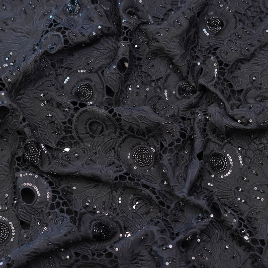 Luxury Black Sequin & Bead Embroidered Cutwork Fabric