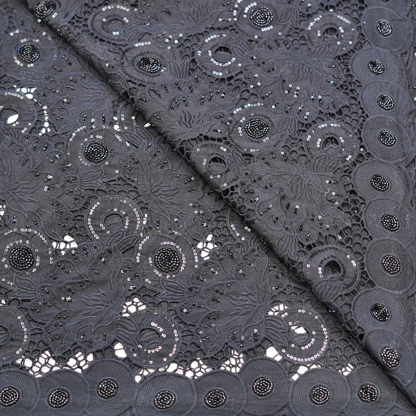 Luxury Black Sequin & Bead Embroidered Cutwork Fabric