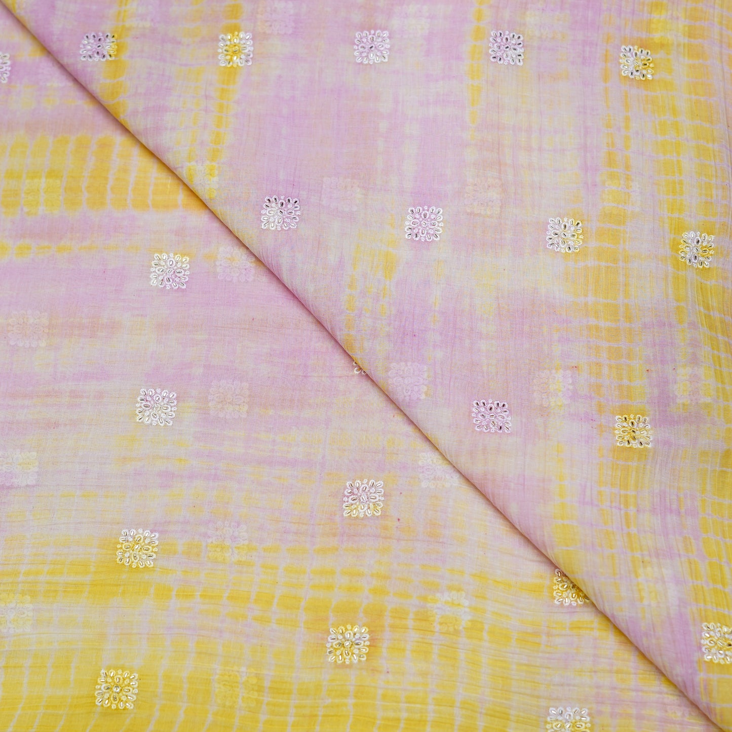 Blush Pink & Sunshine Yellow Tie-Dye Embroidered Fabric