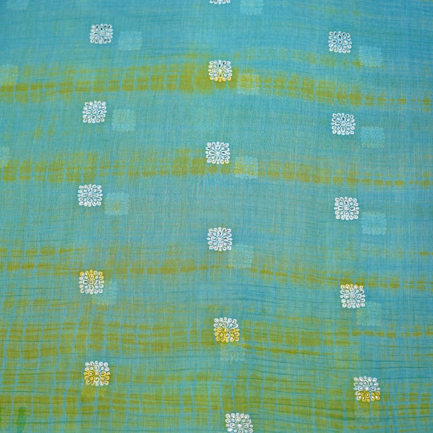 Aqua Blue Tie-Dye Embroidered Fabric
