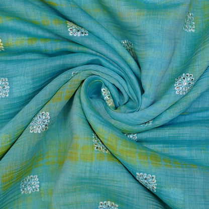 Aqua Blue Tie-Dye Embroidered Fabric
