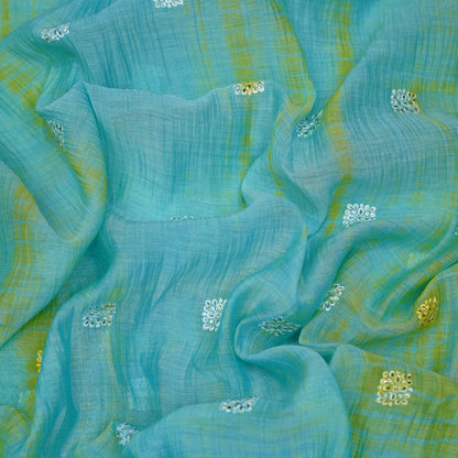 Aqua Blue Tie-Dye Embroidered Fabric