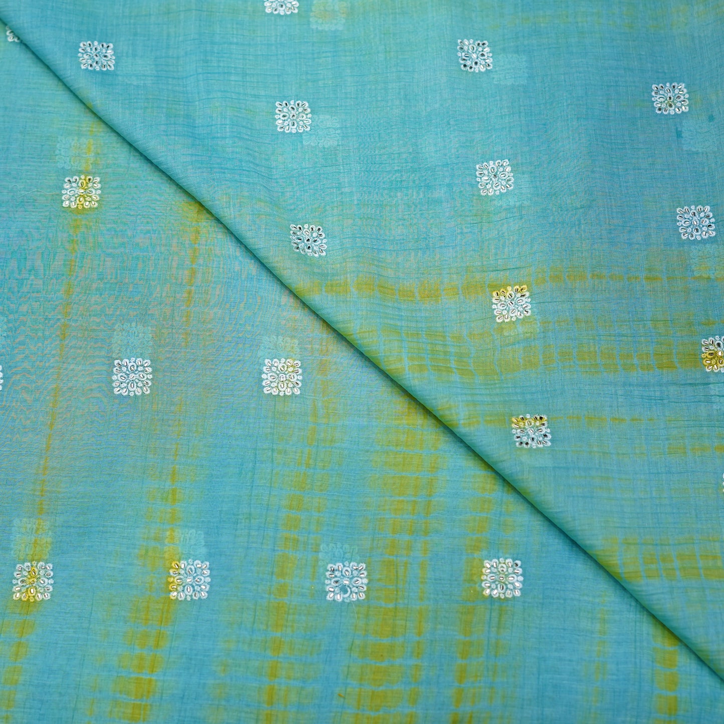 Aqua Blue Tie-Dye Embroidered Fabric