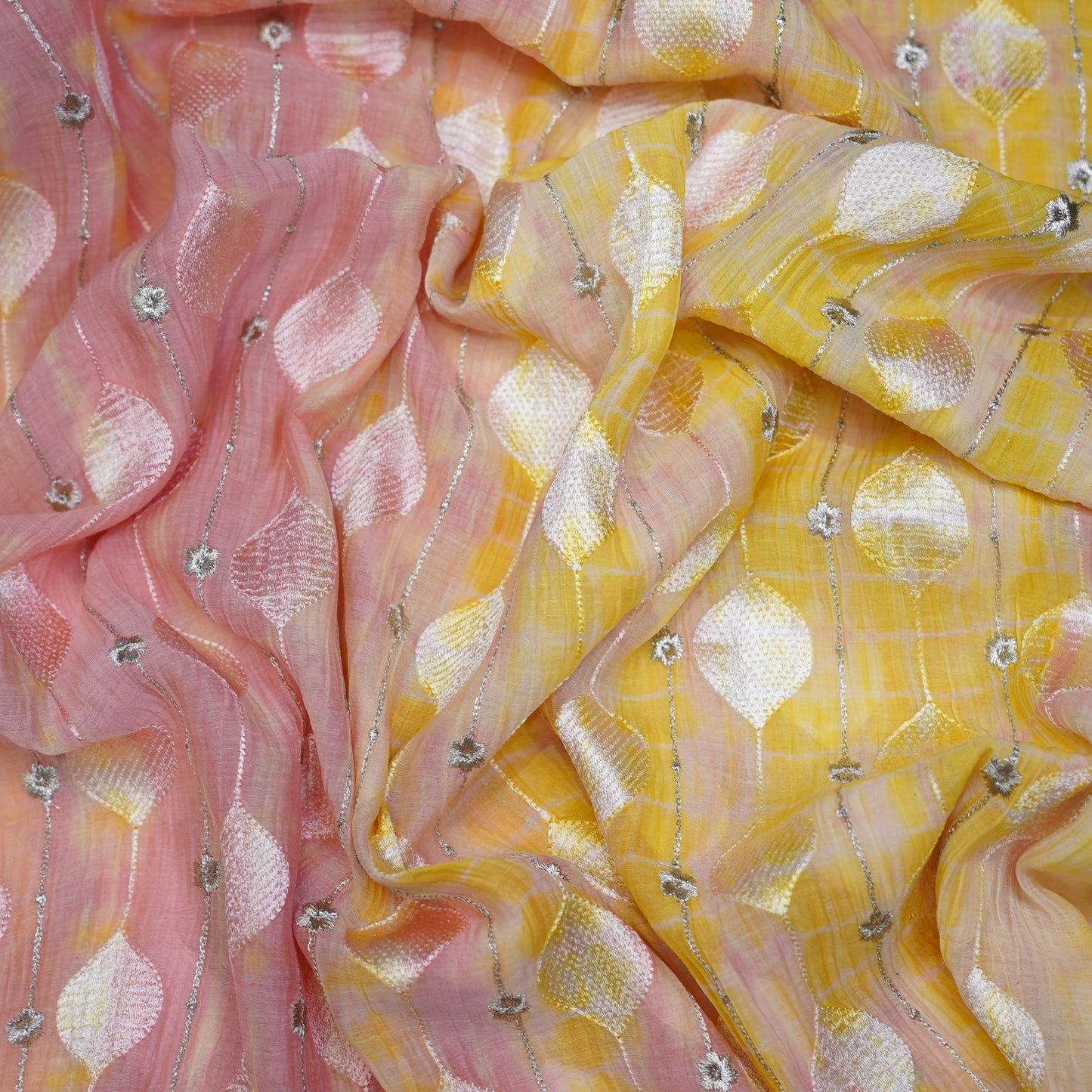 Pastel Ombre Thread Embroidery Fabric with Silver Floral Accents
