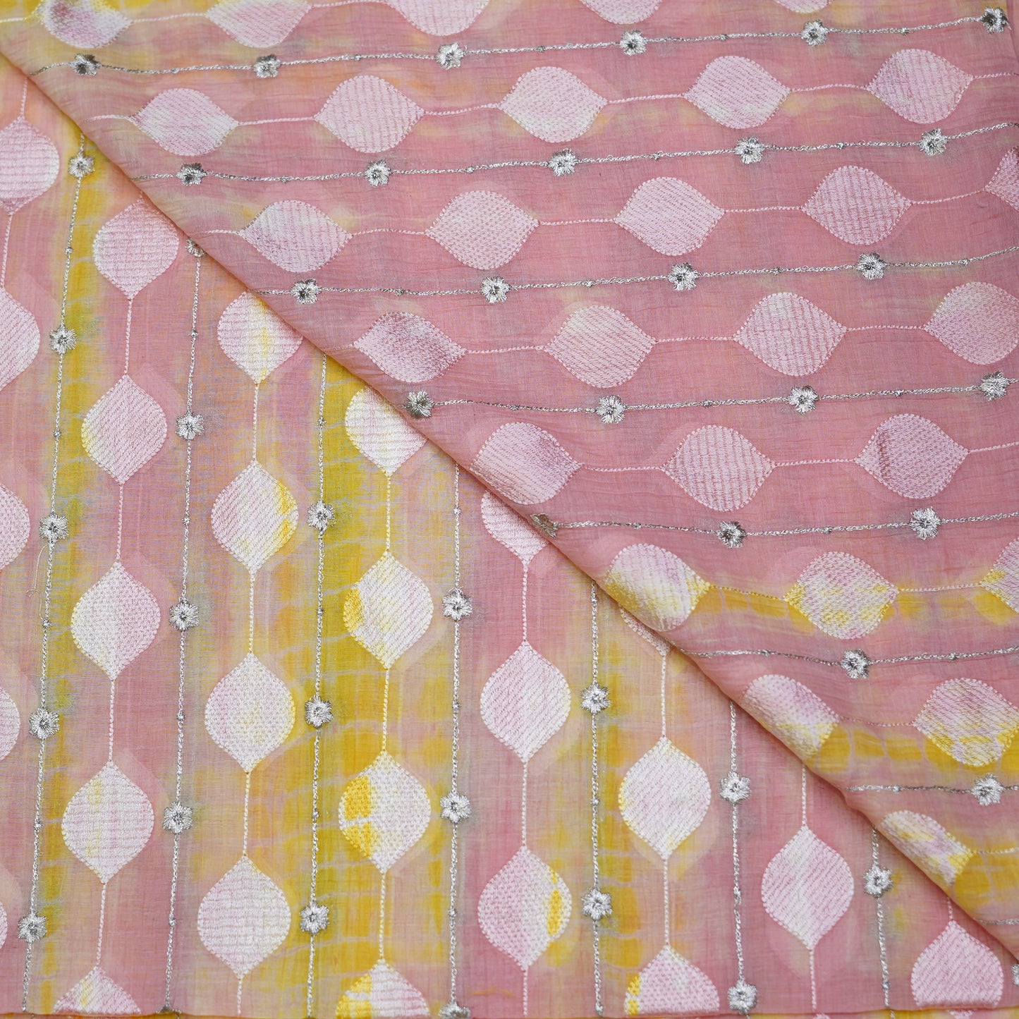 Pastel Ombre Thread Embroidery Fabric with Silver Floral Accents