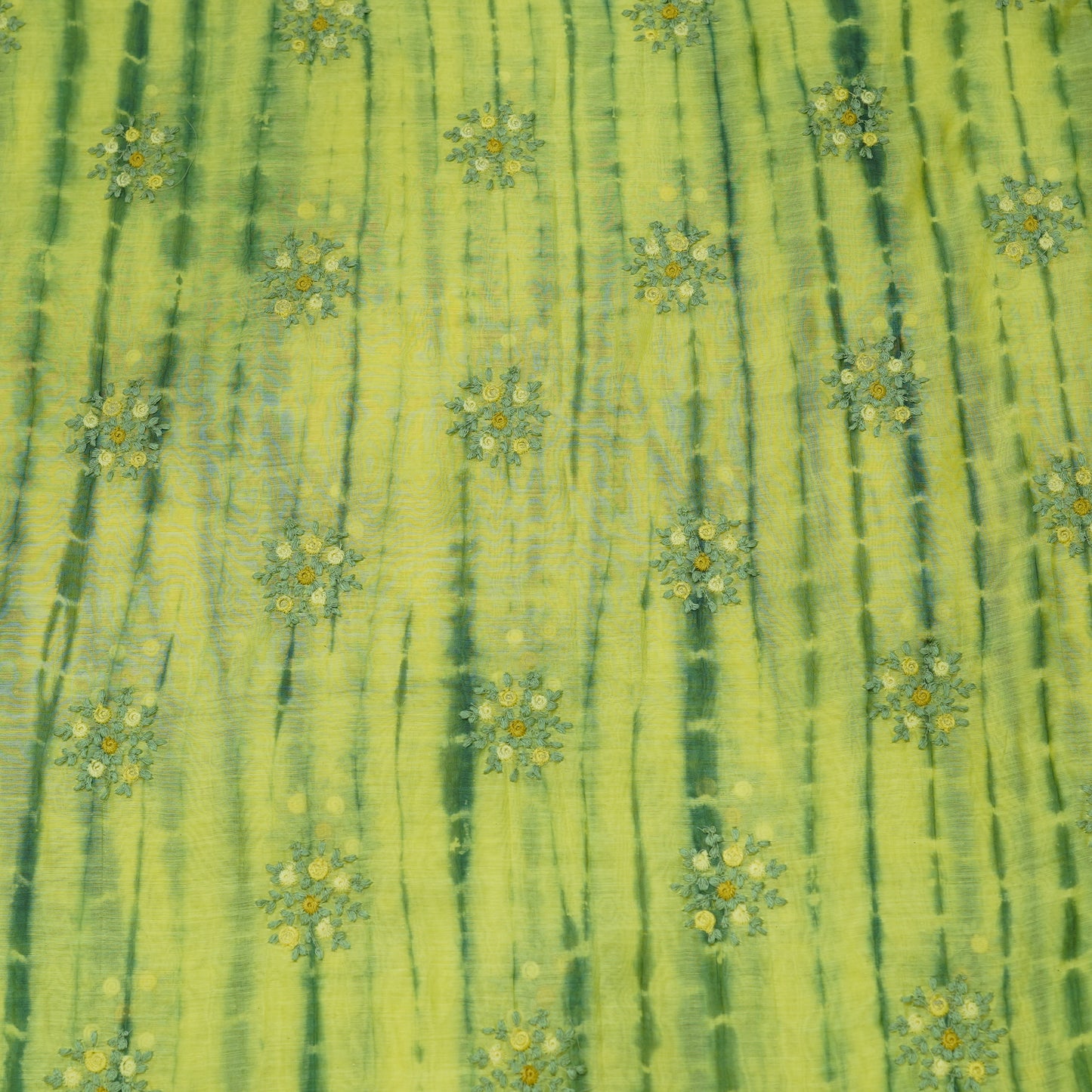 Lime Green Tie-Dye Floral Embroidered Fabric.