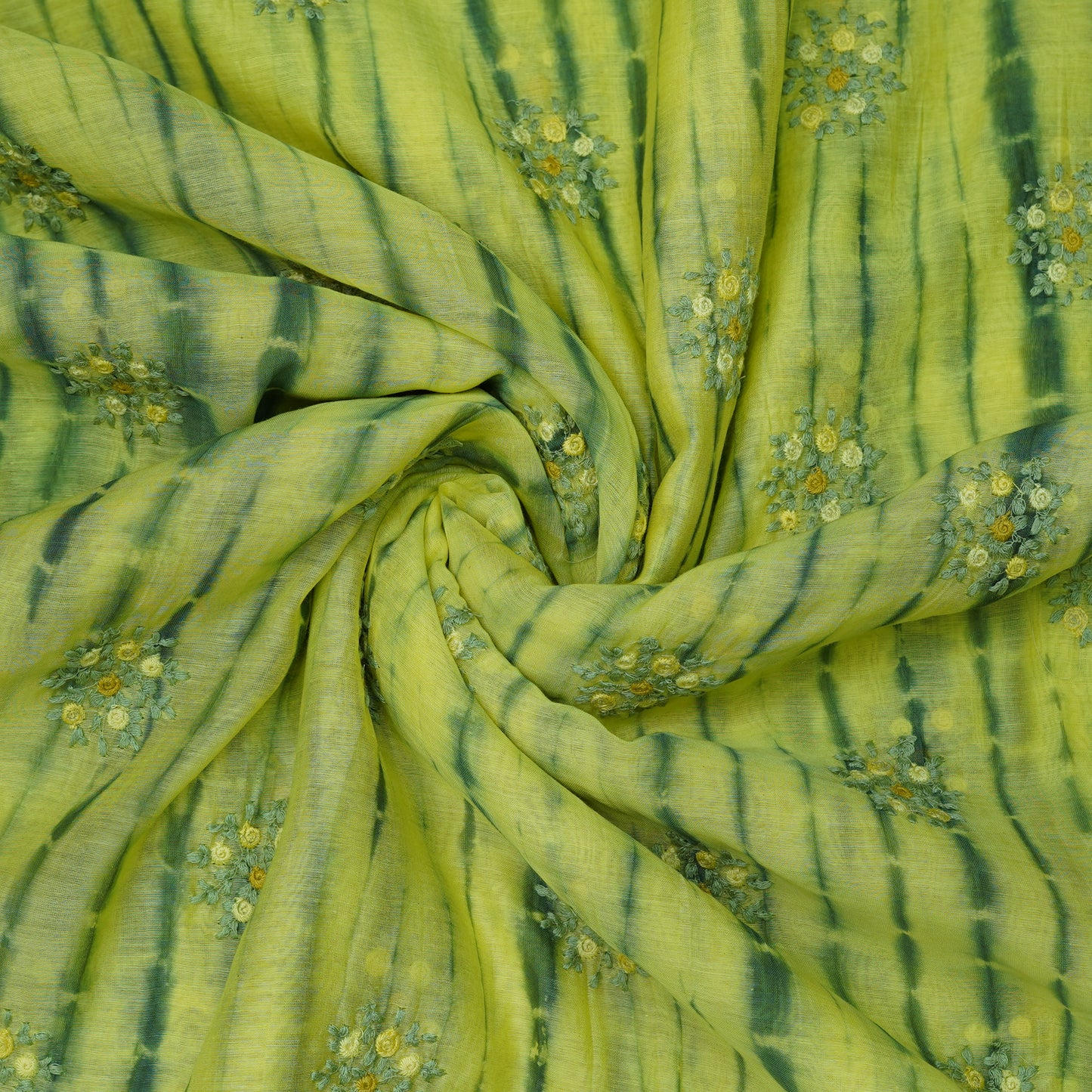Lime Green Tie-Dye Floral Embroidered Fabric.