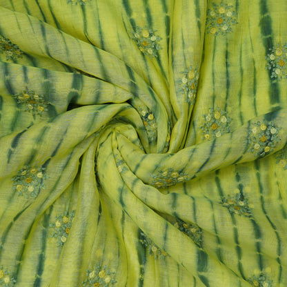 Lime Green Tie-Dye Floral Embroidered Fabric.