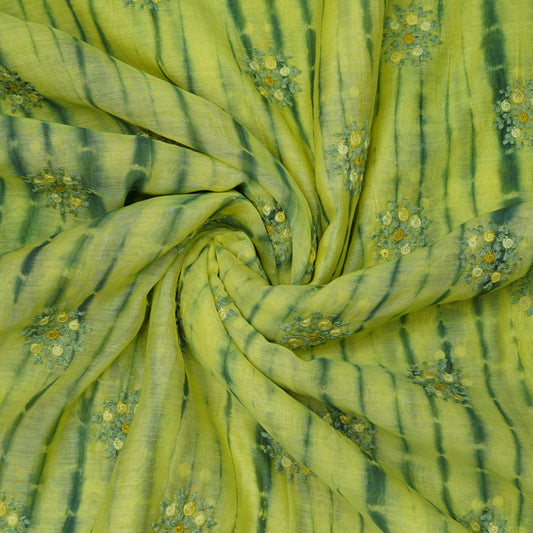 Lime Green Tie-Dye Floral Embroidered Fabric.