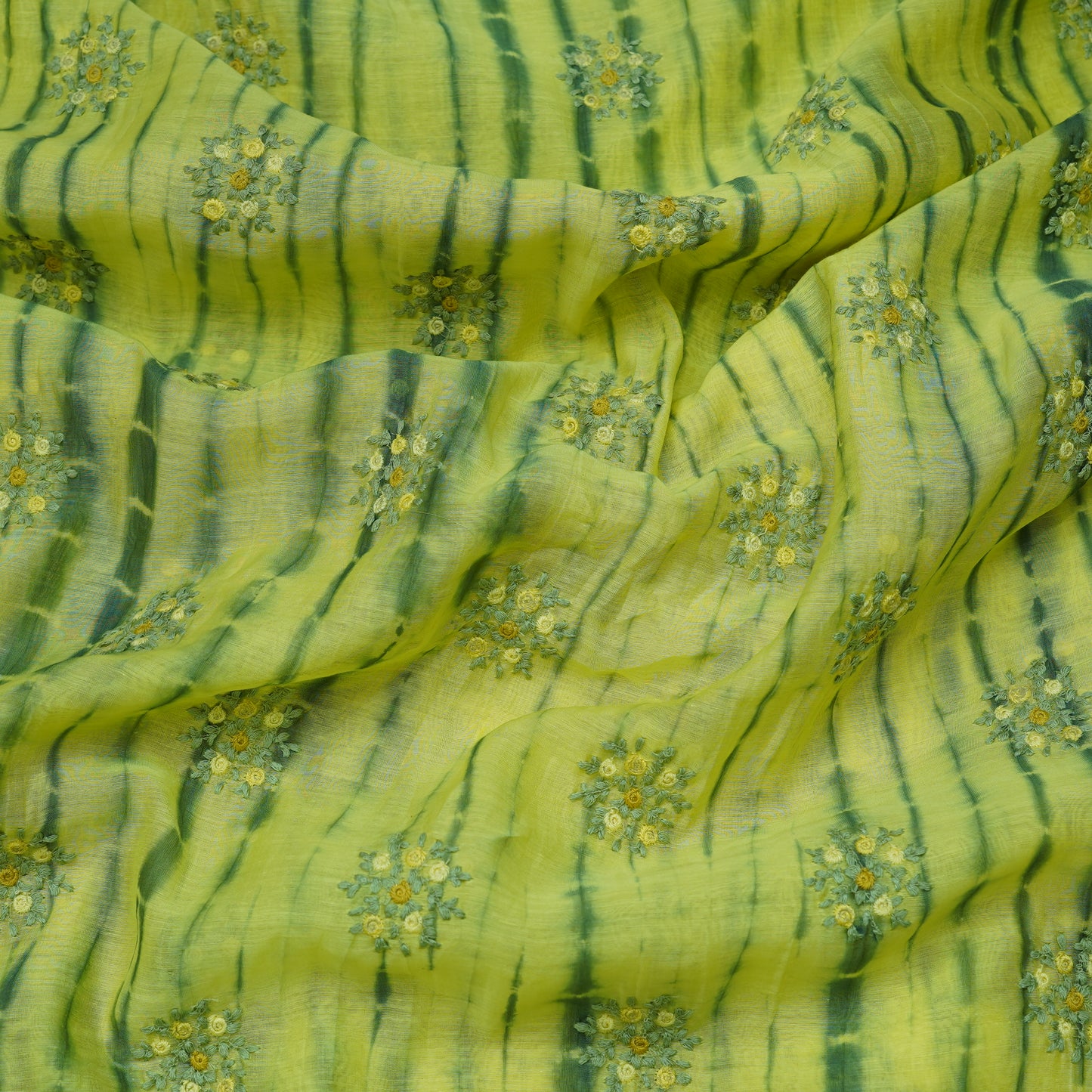 Lime Green Tie-Dye Floral Embroidered Fabric.