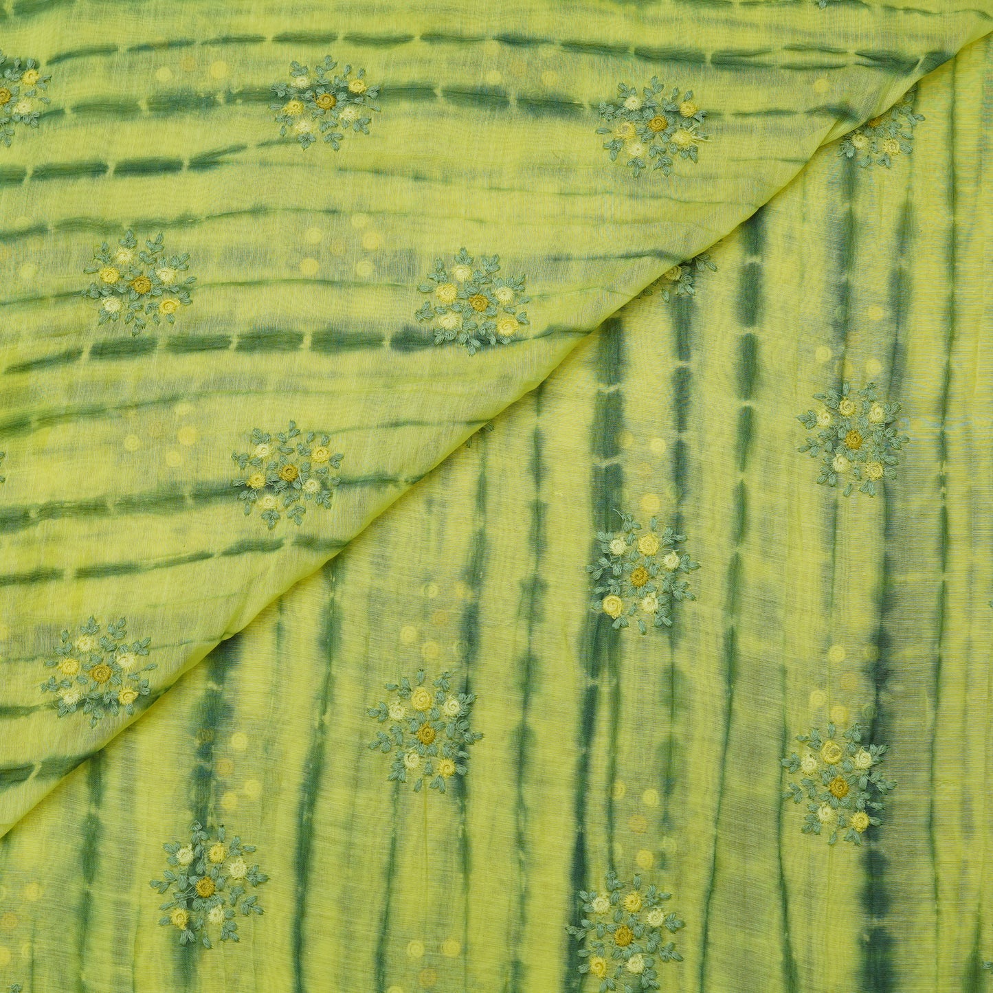 Lime Green Tie-Dye Floral Embroidered Fabric.