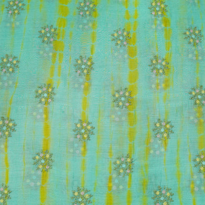 Aqua Bloom Tie-Dye Embroidered Fabric