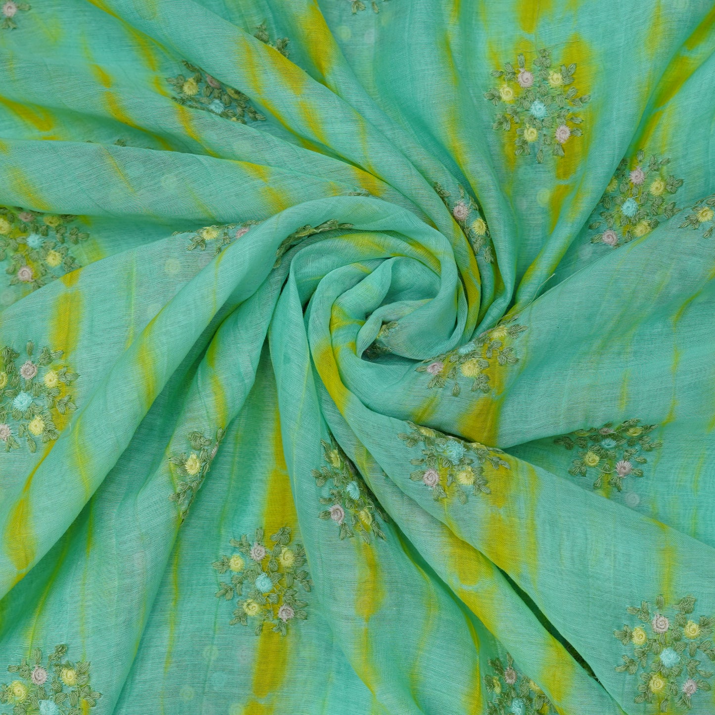 Aqua Bloom Tie-Dye Embroidered Fabric