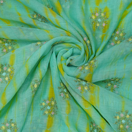 Aqua Bloom Tie-Dye Embroidered Fabric