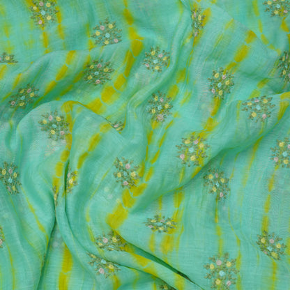 Aqua Bloom Tie-Dye Embroidered Fabric