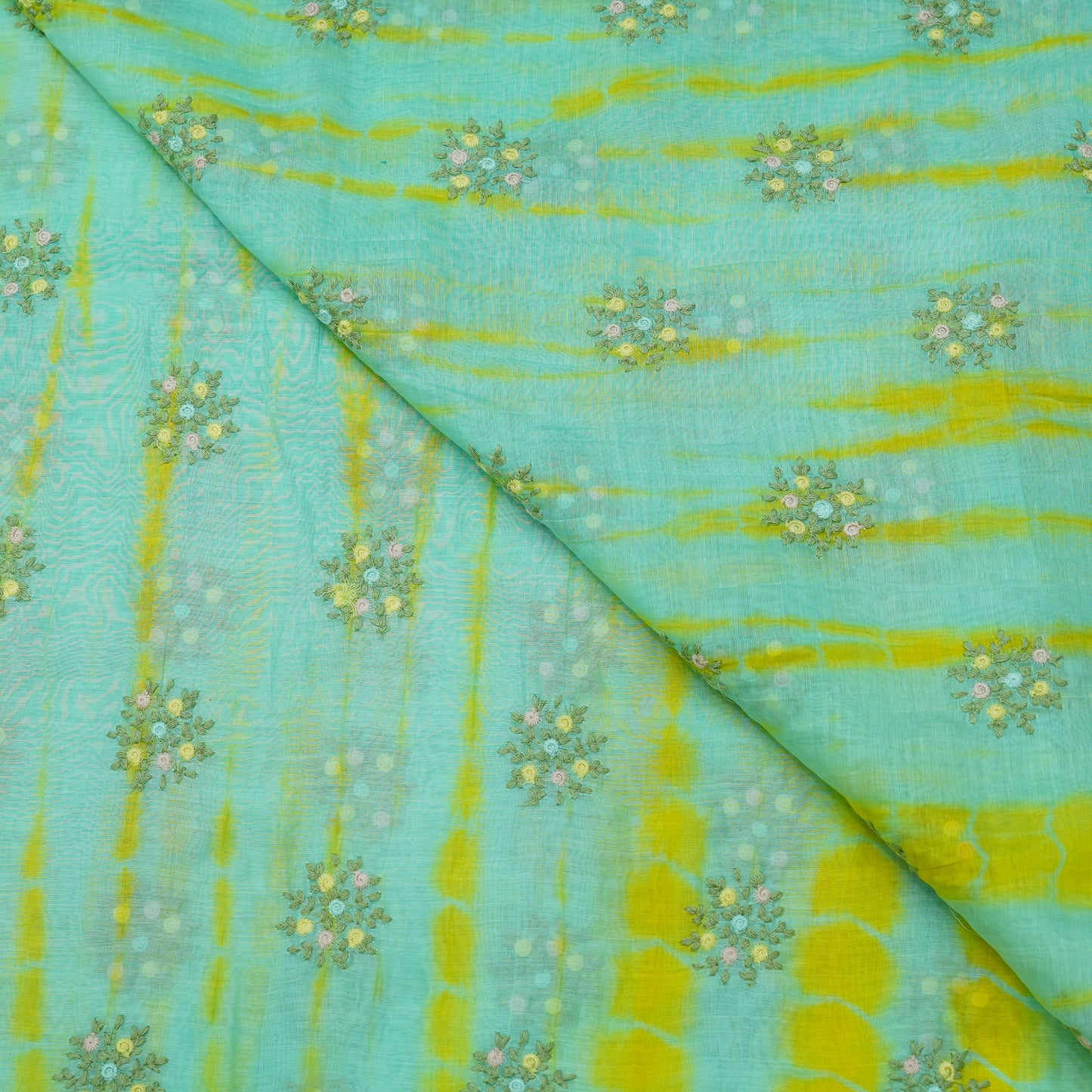 Aqua Bloom Tie-Dye Embroidered Fabric