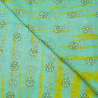 Aqua Bloom Tie-Dye Embroidered Fabric