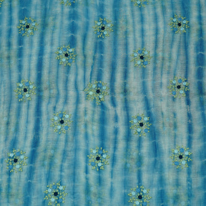 Aqua Blue Tie-Dye Floral Embroidered Fabric.