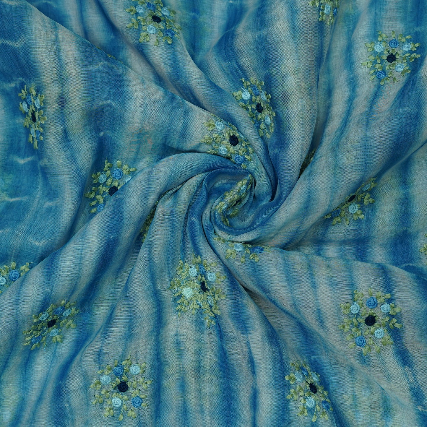 Aqua Blue Tie-Dye Floral Embroidered Fabric.
