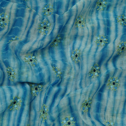 Aqua Blue Tie-Dye Floral Embroidered Fabric.