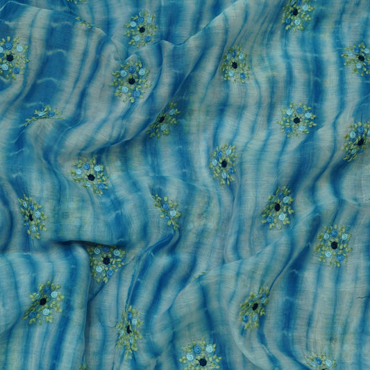 Aqua Blue Tie-Dye Floral Embroidered Fabric.