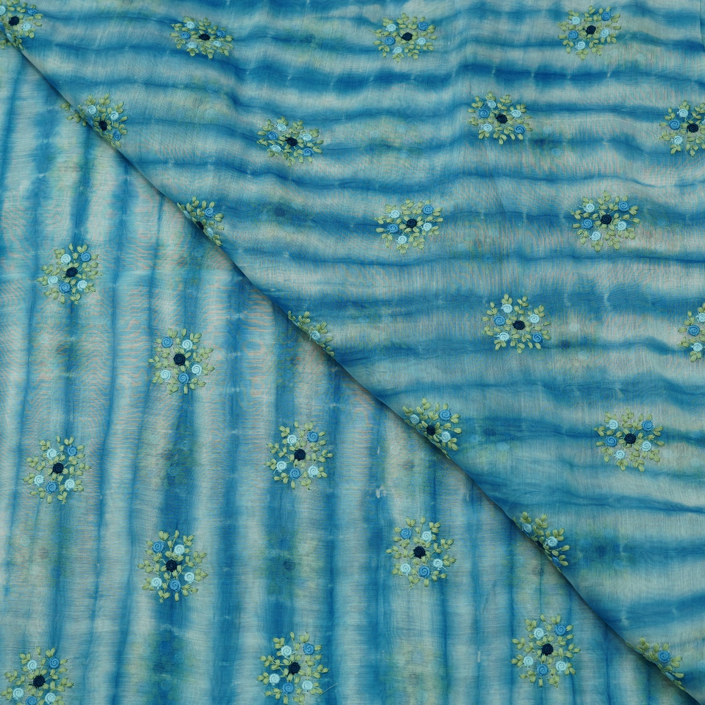 Aqua Blue Tie-Dye Floral Embroidered Fabric.