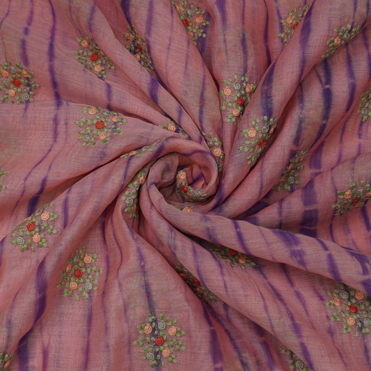 Peach Purple Tie-Dye Floral Embroidered Fabric
