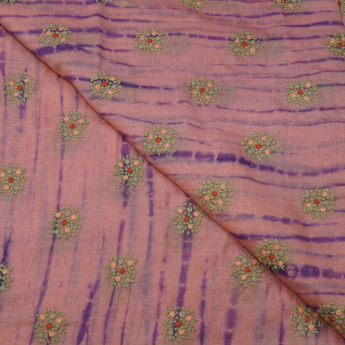 Peach Purple Tie-Dye Floral Embroidered Fabric