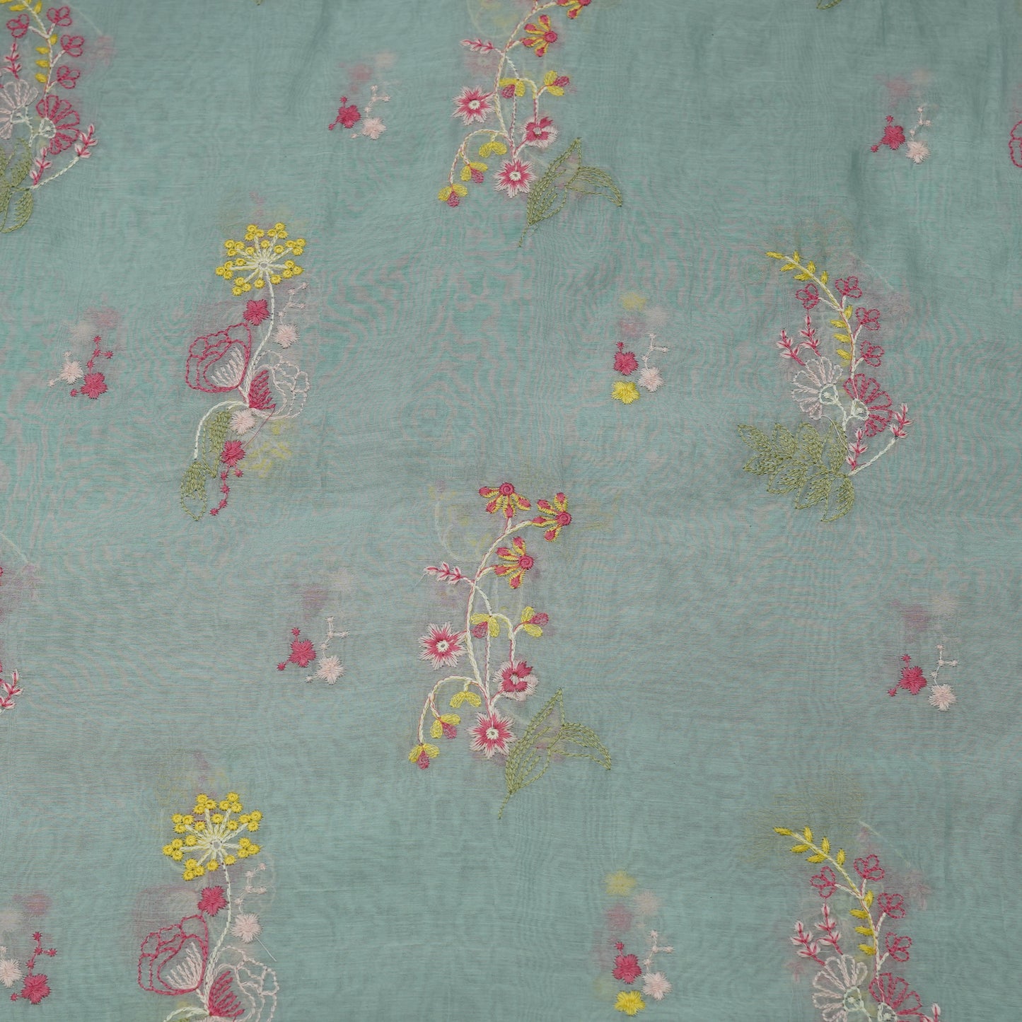 Aqua Blue Multicolor Floral Embroidered Fabric
