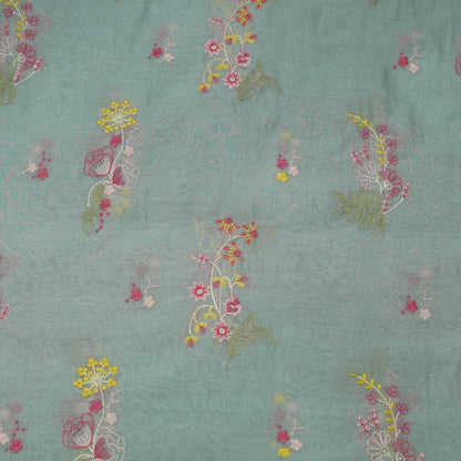 Aqua Blue Multicolor Floral Embroidered Fabric