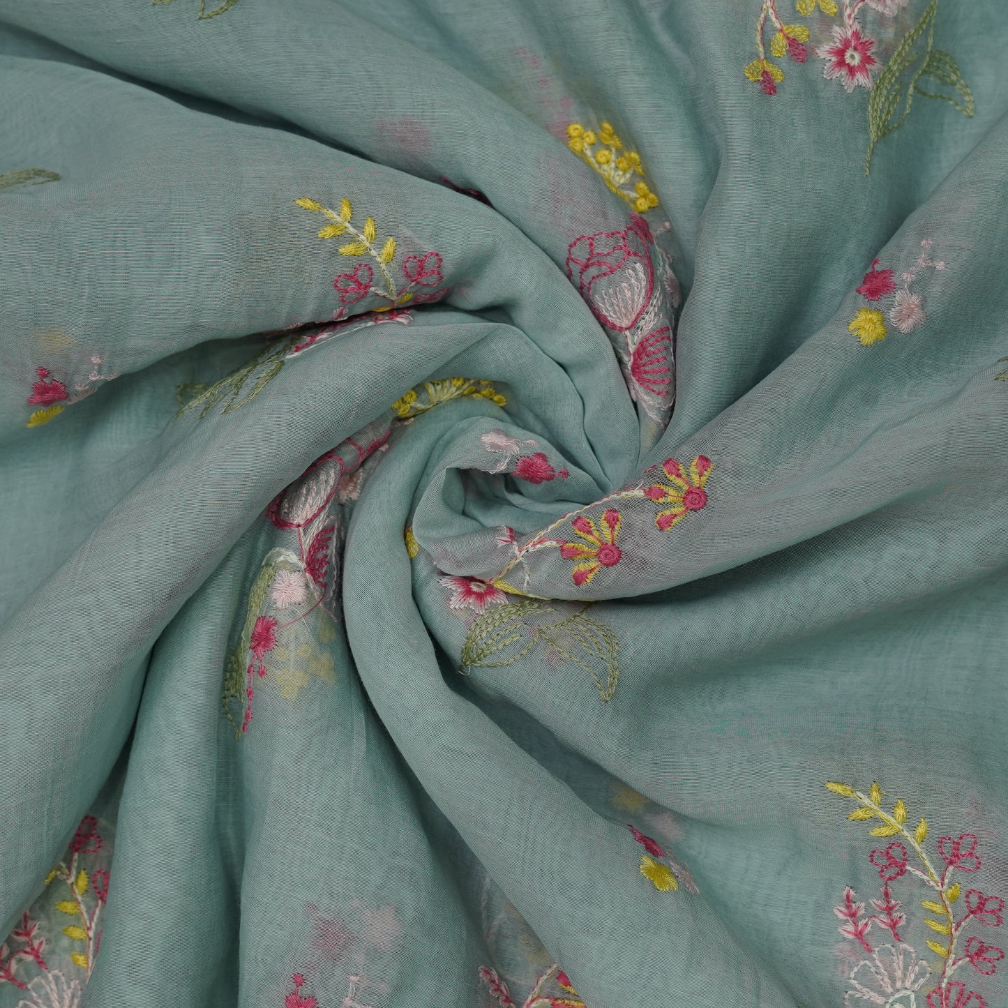 Aqua Blue Multicolor Floral Embroidered Fabric