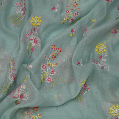 Aqua Blue Multicolor Floral Embroidered Fabric