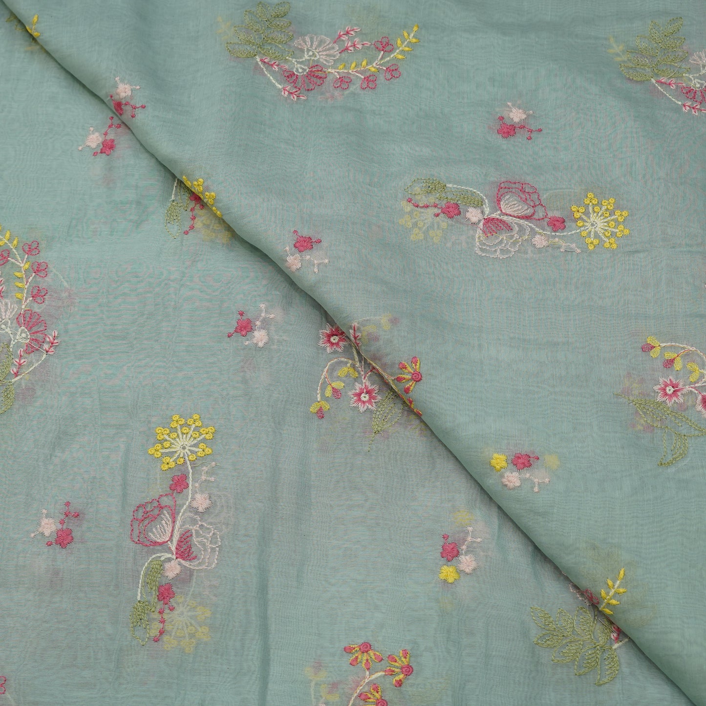 Aqua Blue Multicolor Floral Embroidered Fabric