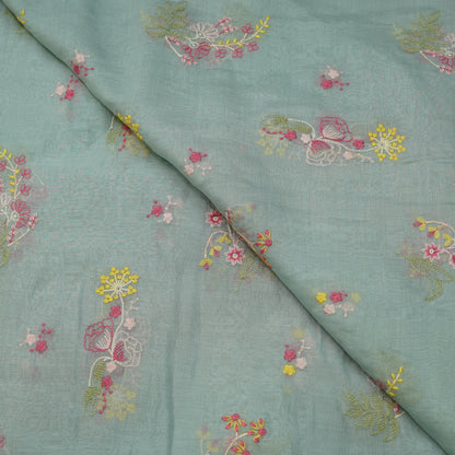 Aqua Blue Multicolor Floral Embroidered Fabric