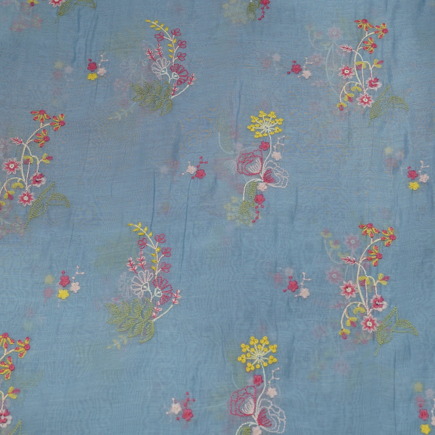 Sky Blue Multicolor Floral Embroidery Fabric.