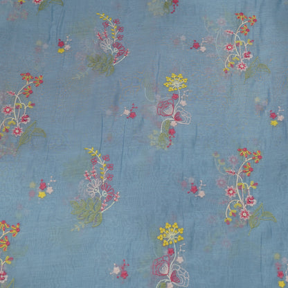 Sky Blue Multicolor Floral Embroidery Fabric.