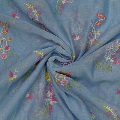 Sky Blue Multicolor Floral Embroidery Fabric.