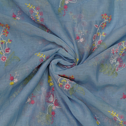 Sky Blue Multicolor Floral Embroidery Fabric.