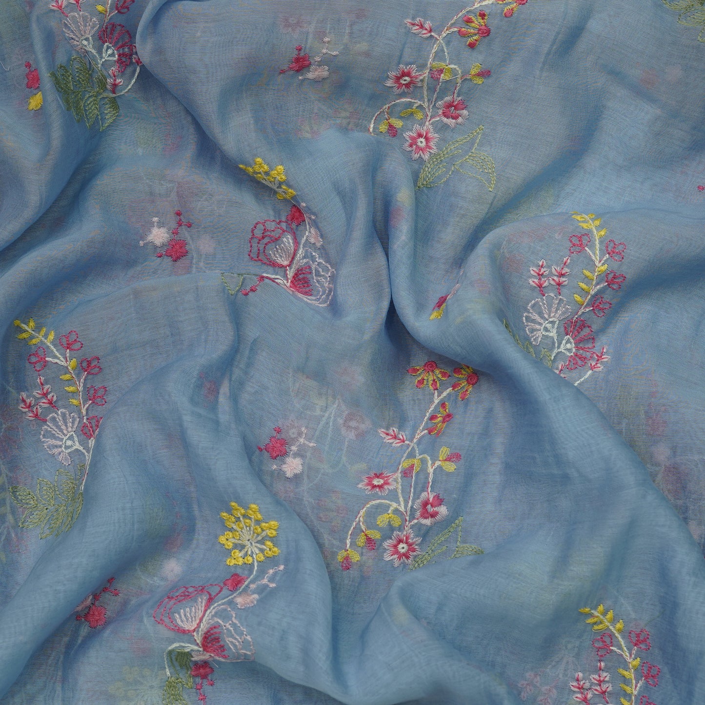 Sky Blue Multicolor Floral Embroidery Fabric.