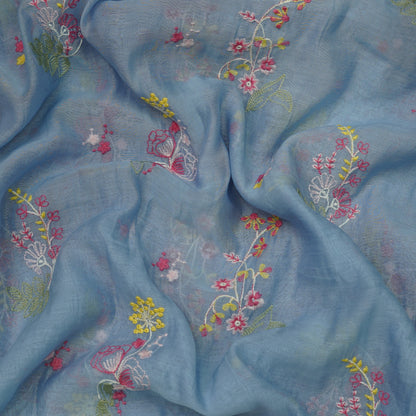 Sky Blue Multicolor Floral Embroidery Fabric.