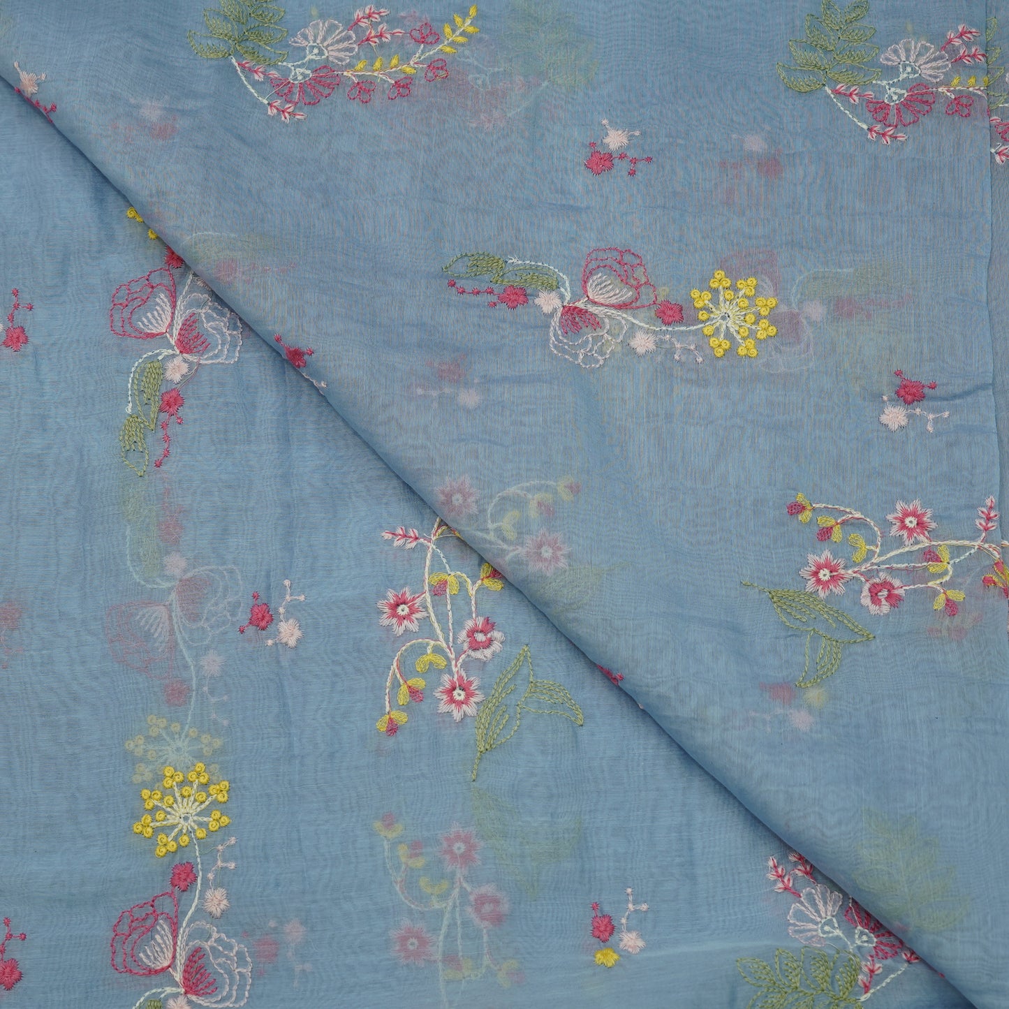 Sky Blue Multicolor Floral Embroidery Fabric.
