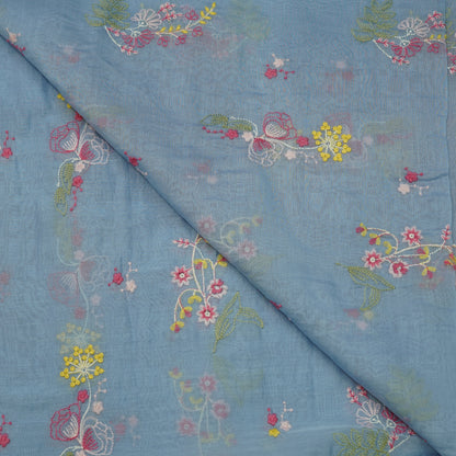 Sky Blue Multicolor Floral Embroidery Fabric.