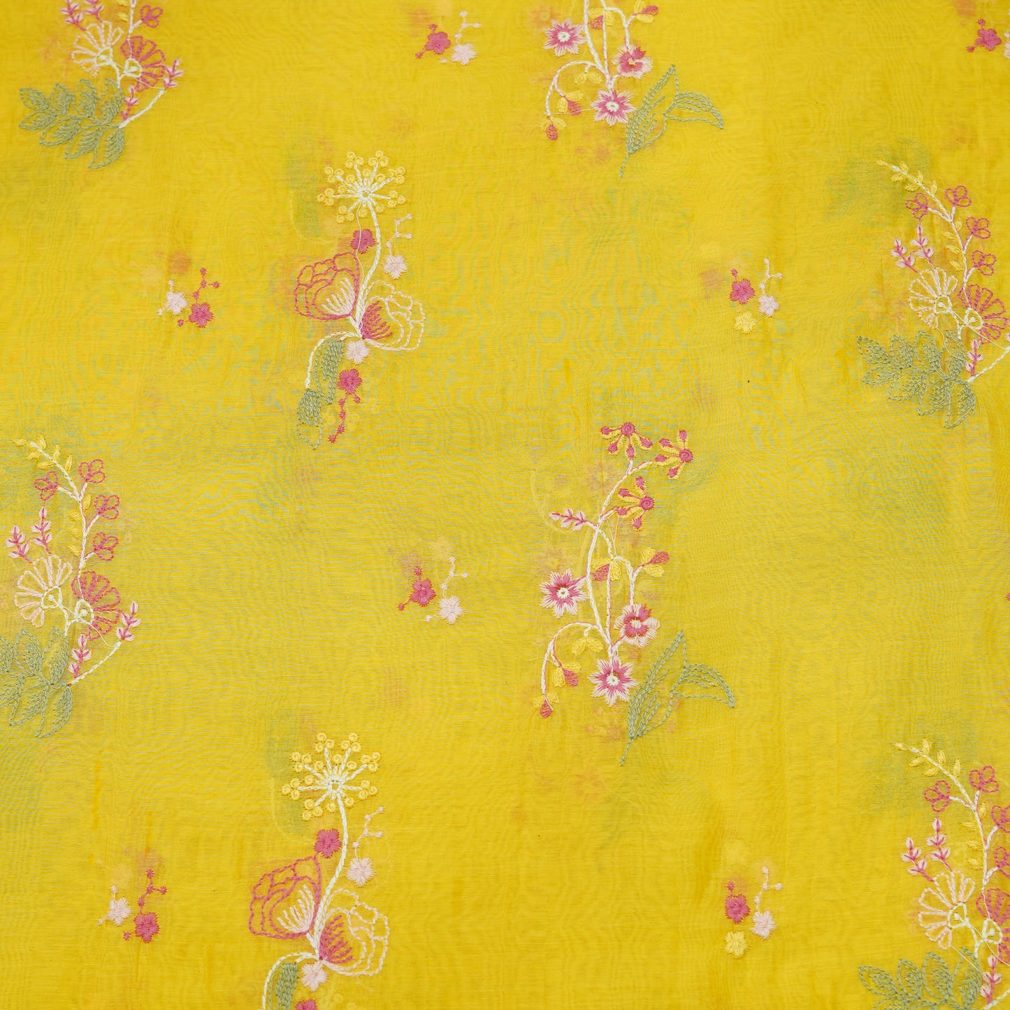 Sunshine Yellow Multicolor Floral Embroidery Fabric.