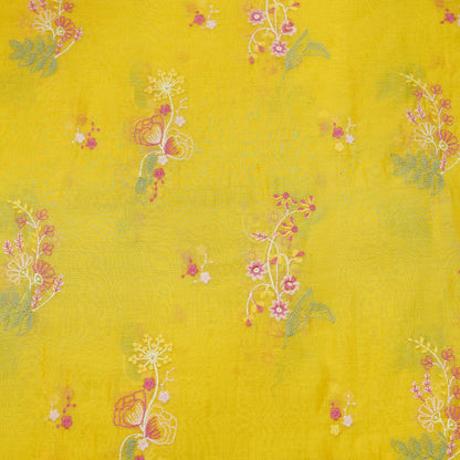 Sunshine Yellow Multicolor Floral Embroidery Fabric.